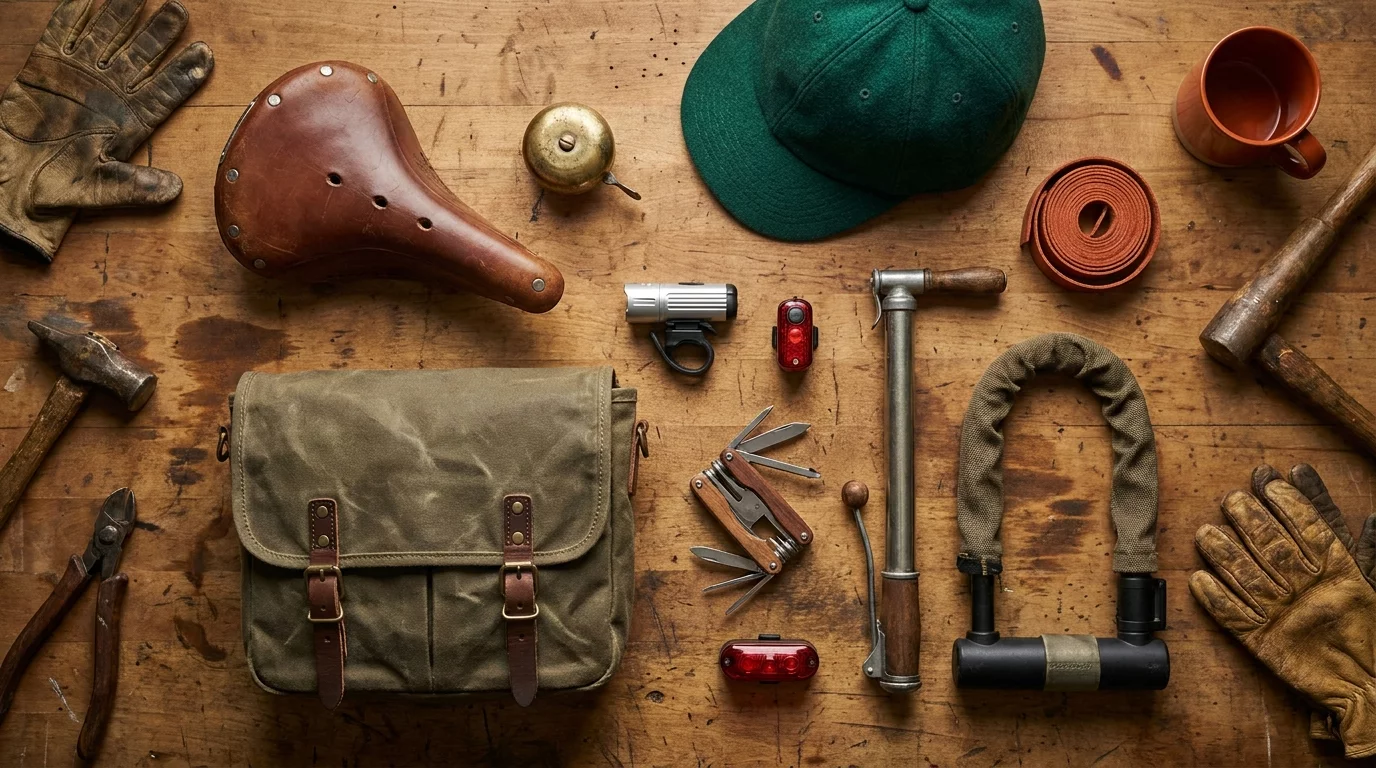 Assortiment accessoires velo urbain sur fond neutre