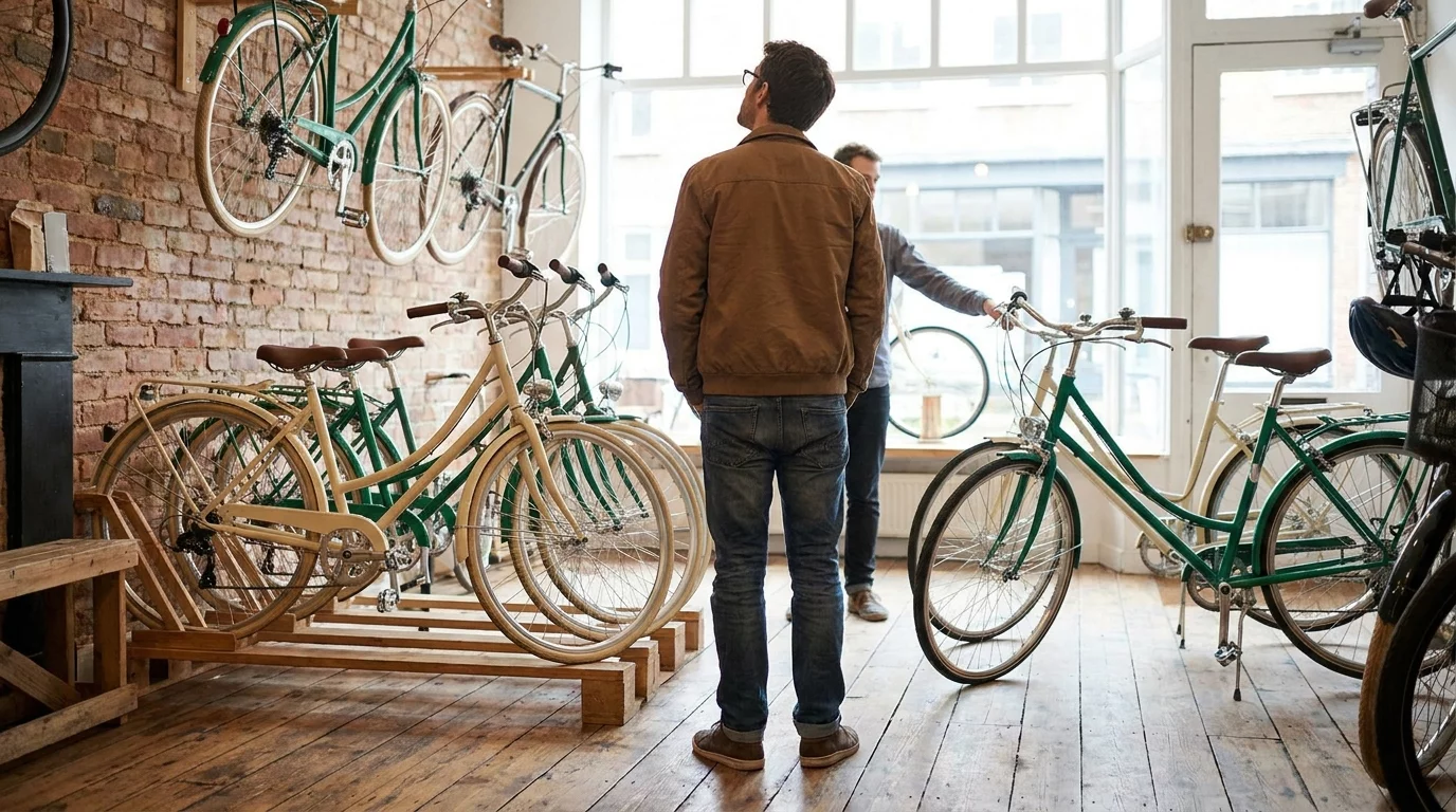 Cycliste hesitant entre plusieurs velos en magasin